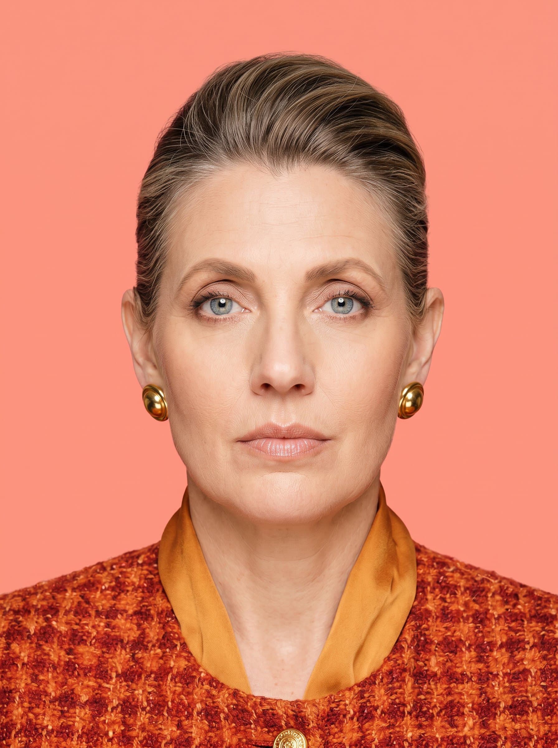 Design a headshot featuring a simple, light coral background. Ensure the woman's face is unobstructed and well-lit, complying with international travel photo guidelines.